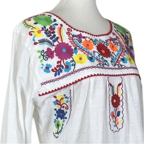 Boho Bell Sleeve Embroidered Tunic Top Pink Blue Multi Women’s Size Large - Picture 6 of 12